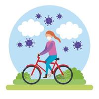 young woman using face mask on bike with particles covid 19 vector