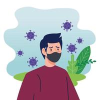 young man using face mask with particles covid 19 vector