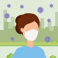 woman using face mask with particles covid 19 in cityscape vector