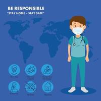 campaign of be responsible stay at home with paramedic using face mask vector