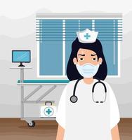 nurse tired using face mask in consult room vector