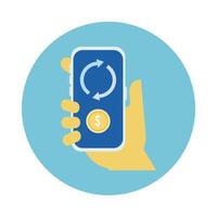 hand using smartphone with coin and arrows block style vector