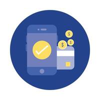 smartphone with coins and credit card block and flat style icon vector