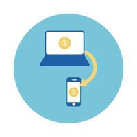 laptop and smartphone with coins block style icon vector