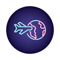 planet earth with airplane flying neon style icon vector