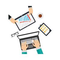 Hands on laptop and tablet with infographic vector design