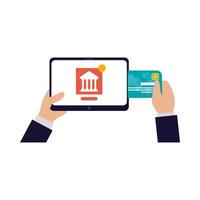 Hands holding tablet to do banking with credit card vector design