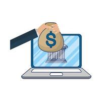Comercio electrónico en línea en una computadora portátil con dinero y banca. vector