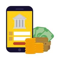 Smartphone con banco y billetera con diseño de vector de billetes y monedas