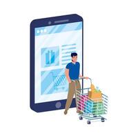 online ecommerce with smartphone and man with shopping cart vector