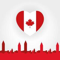 Bandera canadiense en el corazón con la silueta de la ciudad para el diseño del vector del feliz día de Canadá