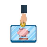 hand putting a coin into a digital piggy bank vector
