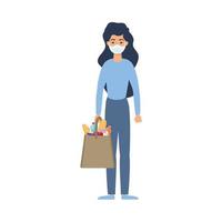 young woman using medical mask with market bag vector