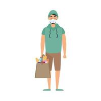 young man using medical mask with supermarket bag vector