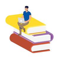 man using laptop seated on a pile of books vector