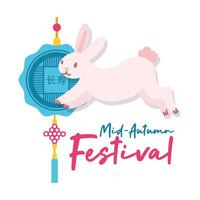 mid autumn festival card with rabbit and lace hanging flat style icon vector