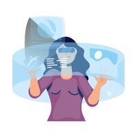 Mujer con tecnología de realidad virtual en pantalla interactiva. vector