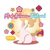 mid autumn festival card with rabbit and moon flat style icon vector