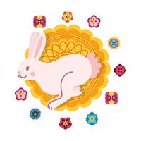 mid autumn festival card with rabbit and lace flat style icon vector