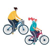 young couple wearing medical masks on bicycles vector