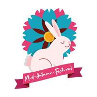 mid autumn festival card with rabbit and flower flat style icon vector