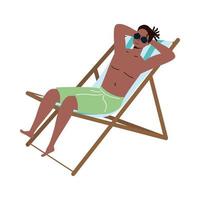 black man wearing swimsuit seated in beach chair vector