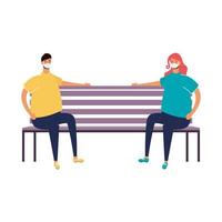 young couple wearing medical masks seated in park chair vector