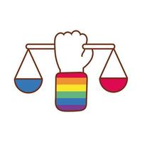 hand with gay pride striped sleeve lifting balanced weights vector
