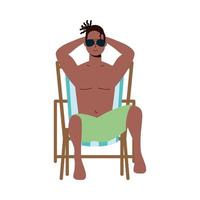 Hombre negro vestido con traje de baño y sentado en una silla de playa vector