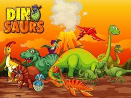 Dinosaurs cartoon character in nature scene vector