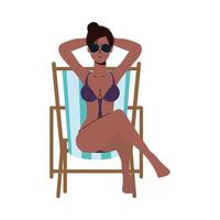 beautiful black woman wearing swimsuit and seated in beach chair vector