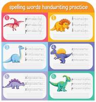 Set of spelling words dinosaur handwriting practice worksheet vector