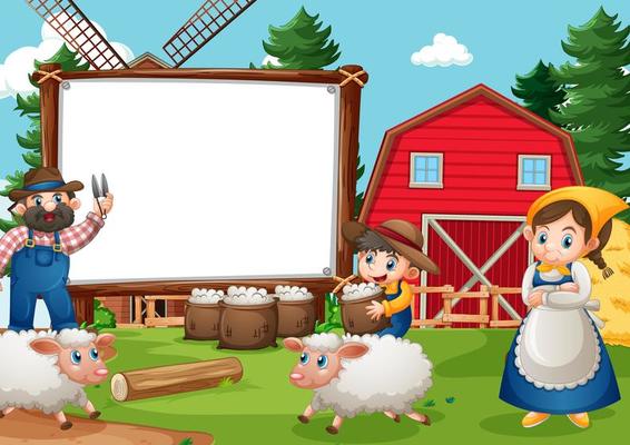 Blank banner in farm scene with happy family