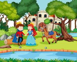 Scene with prince and princess at the castle vector