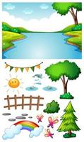 Blank river scene with isolated cartoon character and objects vector