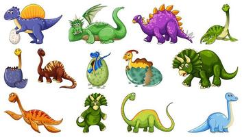 Conjunto de diferentes personajes de dibujos animados de dinosaurios aislado sobre fondo blanco. vector