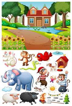 A house in nature scene with isolated cartoon character and objects vector