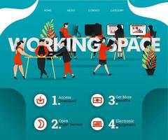 Creative people are sharing room at WORKING SPACE. people are developing business. can use for, landing page, web, mobile app, poster, flyer, vector illustration, online promotion, internet marketing