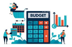 Planning monthly budget for shopping and purchase, manage financial plan with calculator, financial consulting software, banking accounting platform, illustration of website, banner, software, poster vector