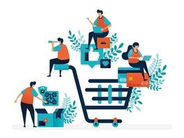 Shopping experience of finding products, making payments and delivery services. Big shopping cart. Flat vector illustration for landing page, web, website, banner, mobile apps, flyer, poster, ui