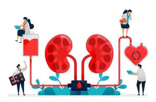 doctors perform dialysis, medicine treatment of kidney failure, hospital and clinic medical facilities, blood purification and cleaning. Illustration for business card, banner, brochure, flyer, ads vector
