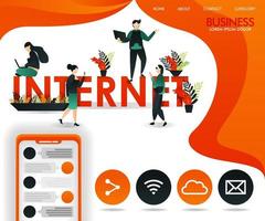 young people move between the words INTERNET. can use for, landing page, template, web, mobile app, poster, banner, flyer, vector illustration, online promotion, internet marketing, finance, trading