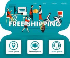 people interact in FREE SHIPPING. Courier delivering package to customer and customer service is working, can use for, landing page, template, ui, web, mobile app, poster, banner, flyer, vector