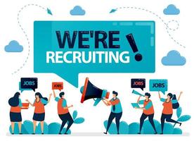 Publicist holds a megaphone and announces we're hiring. Job seekers applying for jobs. Employment opening, recruitment agencies ads. Vector illustration for business card, banner, brochure, flyer