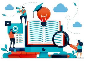 Digital library to get ideas, inspiration and solutions. Online learning for students. Reading app, online books. Education by blog.Vector illustration, landing page, card, banner, brochure, flyer vector