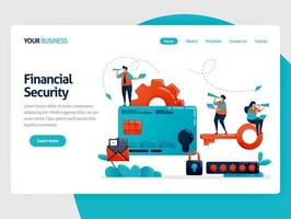 Illustration for protection on payment and credit card transactions. Financial security with a password. Safe online purchase. Flat cartoon character for landing page, website, mobile, flyer, poster vector