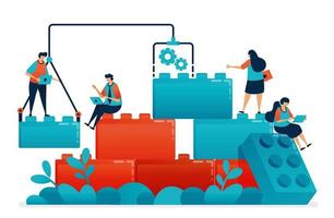 Compose lego games to teamwork and collaboration in work and business problem solving. Construction model for children leadership and partnership. Illustration of website, banner, software, poster vector