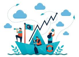 Leadership in leading and organizing. Origami paper ship. Motivation and competition in career. Set target and goal. Teamwork and collaboration. Illustration for business card, banner, brochure, flyer vector