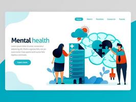 Mental health illustration. People check mentally and psychologically. Heart puzzle. Brain treatment and counseling therapy. Vector cartoon for website homepage header landing web page template apps