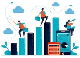 Concept of data analysis and planning. Salary man check barchart statistic for annual report. Mobile data report with graph and table. Flat vector human illustration for landing page, website, mobile